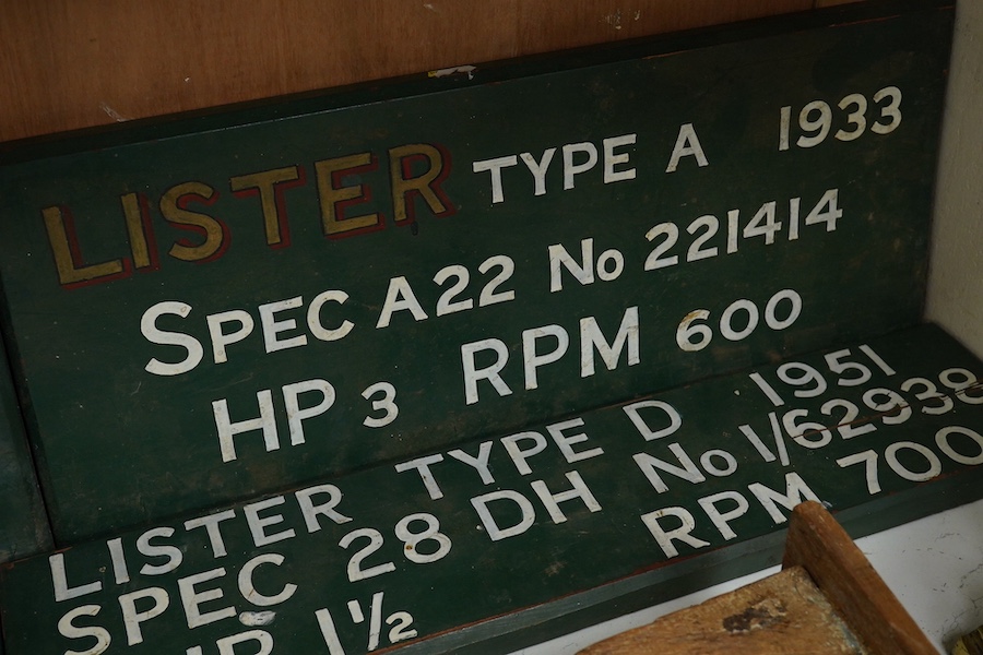 Four Lister engine painted wooden signs, dated: 1927 1933 1942 and 1951. Widest 56cm. Condition - worn in places